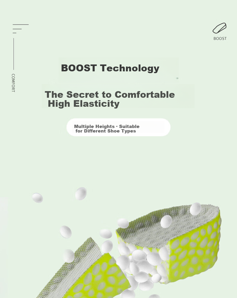 FOOTOPPO Boost Height Increase Insoles for Men and Women, Odor-Resistant, Soft Sole, Comfortable Popcorn High Elastic Shock Absorption Invisible Half Insoles 7
