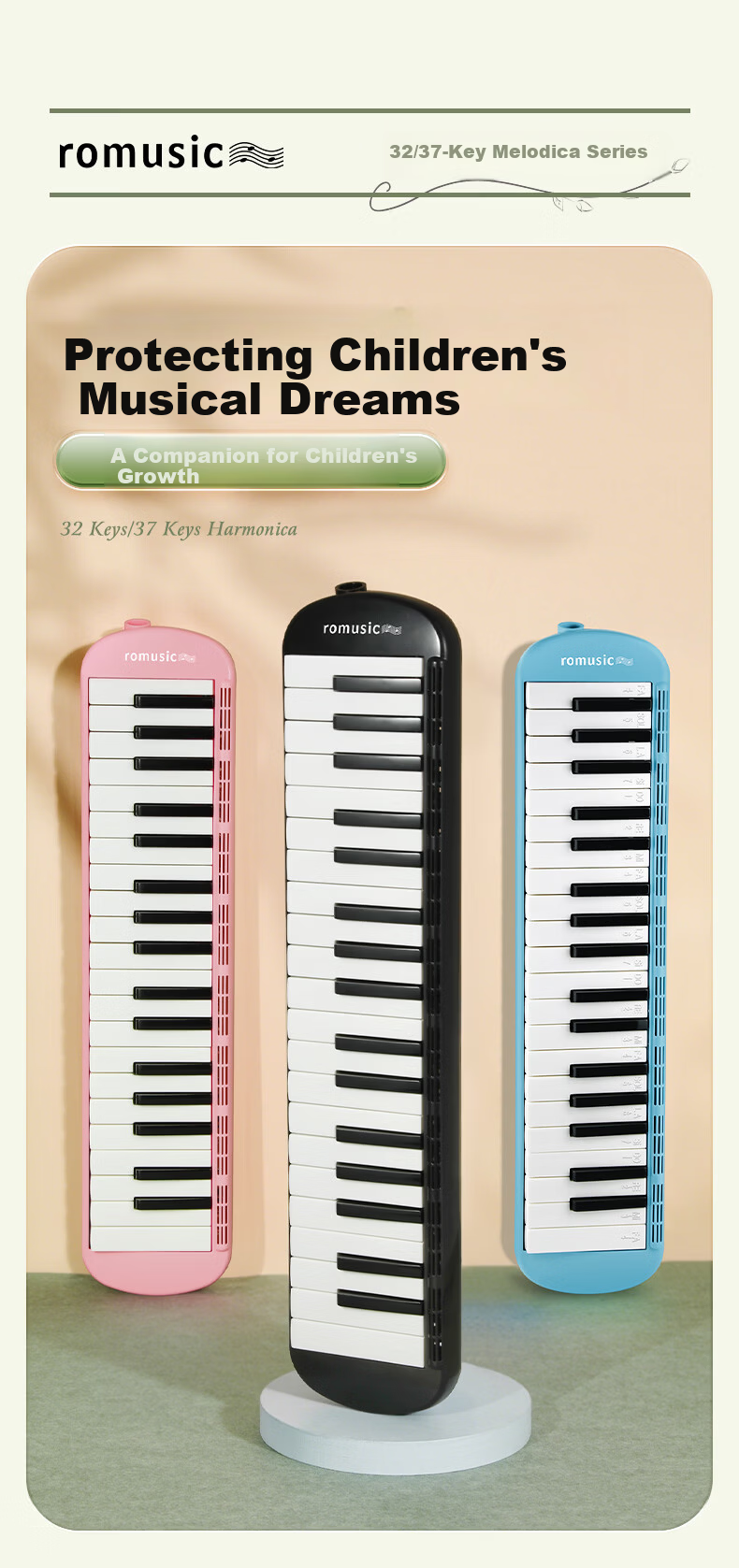 Romusic 37-Key Melodica for Elementary School Students, Black, Beginner Wind Keyboard Instrument for Children 3