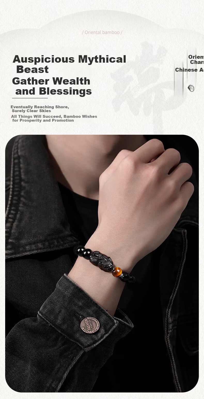 Chow Tai King Fortune Pixiu Black Obsidian Beaded Bracelet Men's Lucky Charm Luxury Wristband Practical Birthday Gift for Boyfriend Husband 3