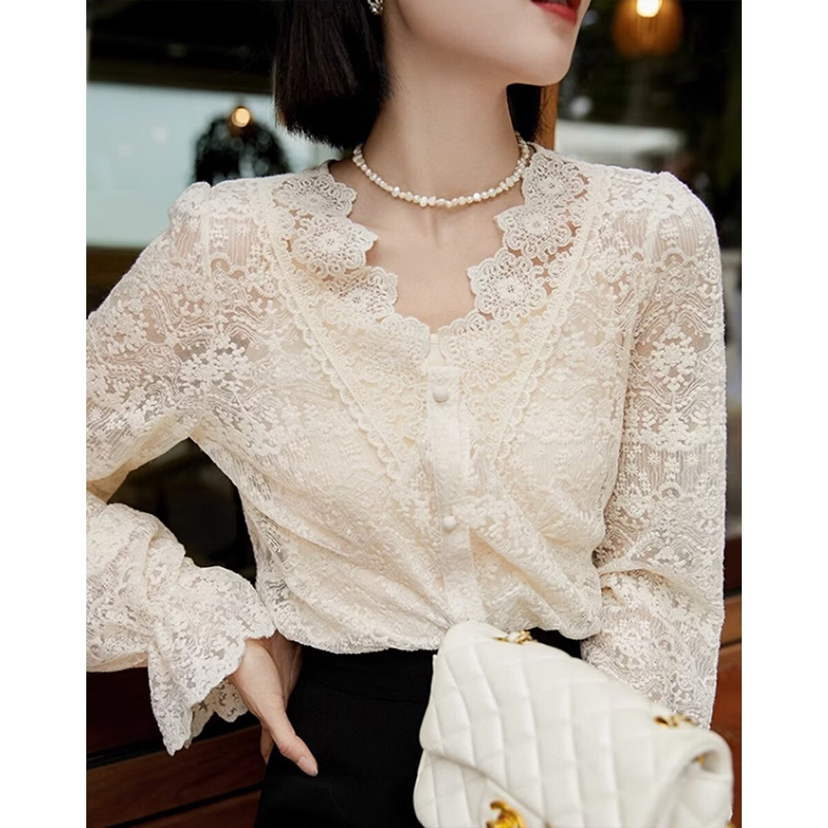 Demana Gentle Milk Cream Spring French Style V-Neck Lace Trim Pearl Button Slimming Shirt for Women Premium Feel