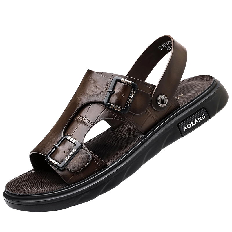Aokang First Layer Cowhide Men's 2026 New Summer Breathable Leather Sandals Black Size 41
