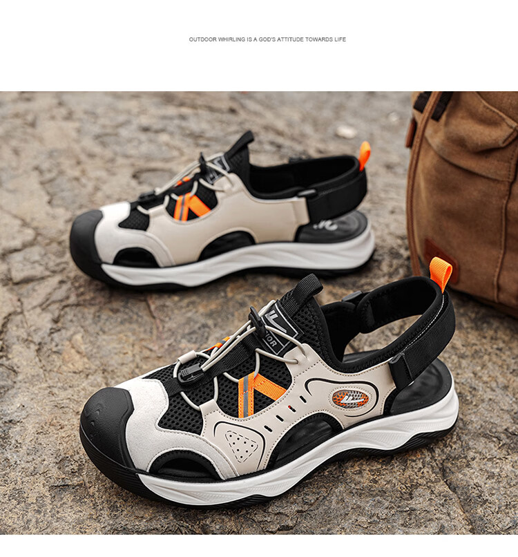 Warrior Men's Summer Breathable Mesh Sandals Closed-Toe Casual Beach Shoes Versatile Outdoor Sandals 1794 Beige Black Size 43 19