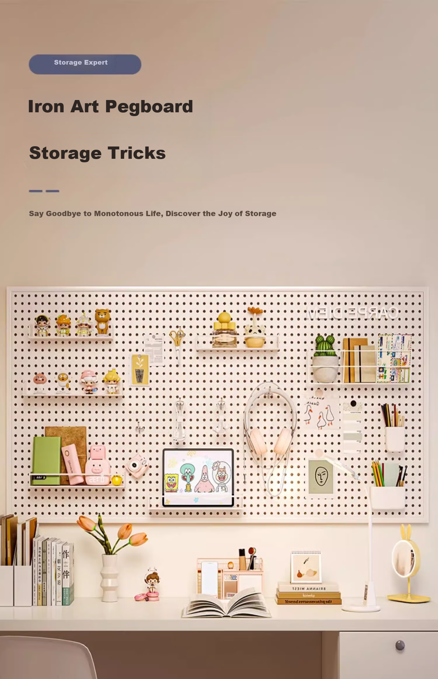 TANGJI Wall-Mounted Pegboard Storage Rack Gaming Desk Accessories Metal Organizer with Hooks 3