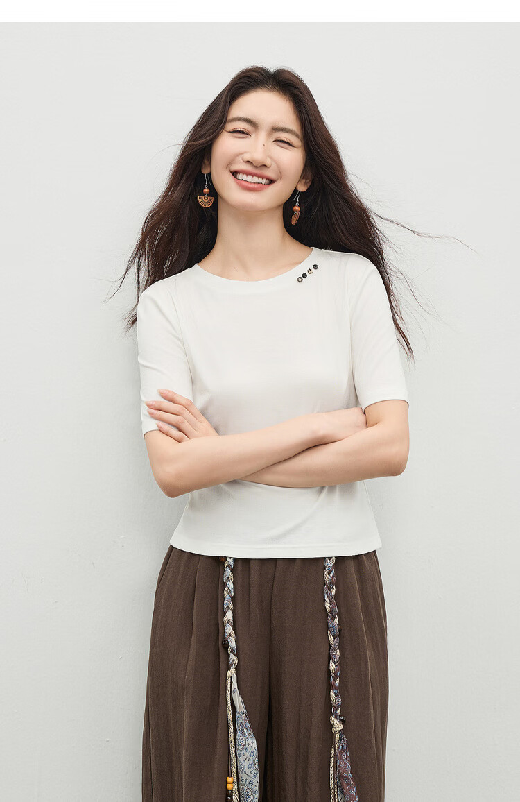 Shangdu Bilala Laicell Simple Korean Style Women's Summer Small Round Neck Stretch Knit Short Sleeve Elegant Top 14