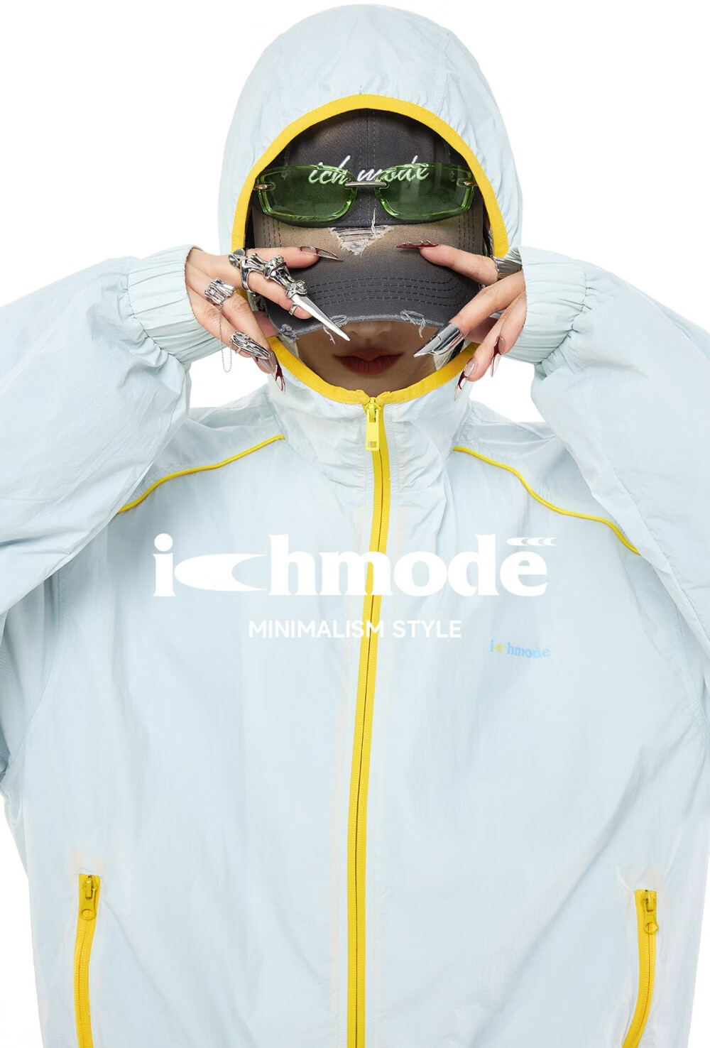 ICH MODE Colorblock Physical Sunscreen Jacket Women Spring Summer New Hooded UV Protection Coat Light Blue M 4