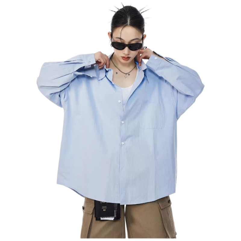ICH MODE Blue Long Sleeve Shirt Women Summer Casual Loose Blouse Versatile Trendy Top Jacket White M