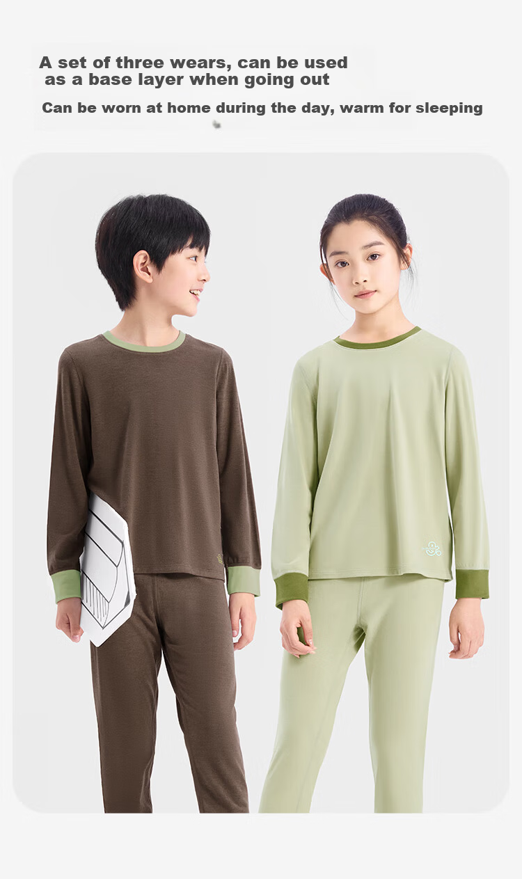Jiusuiban Kids Thermal Underwear Unisex Autumn Winter Mid-Weight Fleece Lined Wool Blend Cotton Base Layer Youth Sports Long Johns Set 8