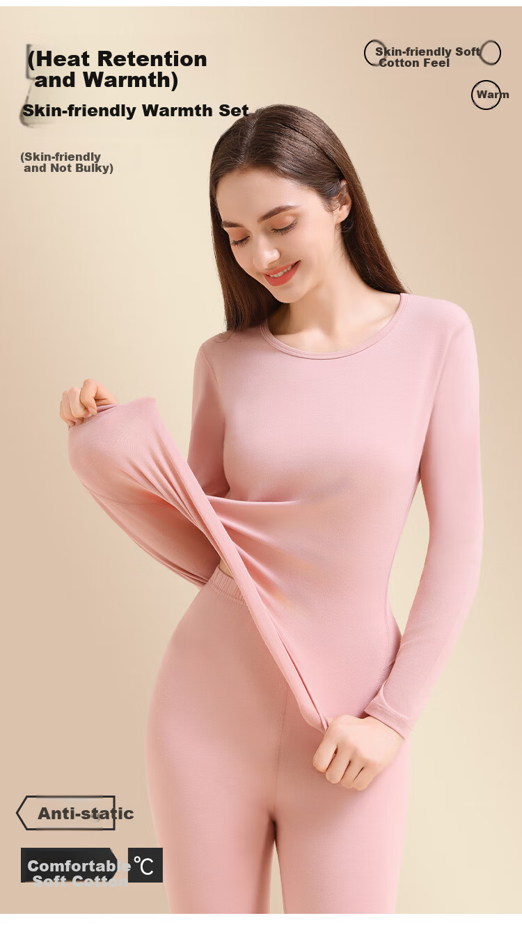 GUJIN Women's Thermal Underwear Set Autumn Winter Cotton Heat Retaining Thick Slim Fit Base Layer Top and Bottom 2