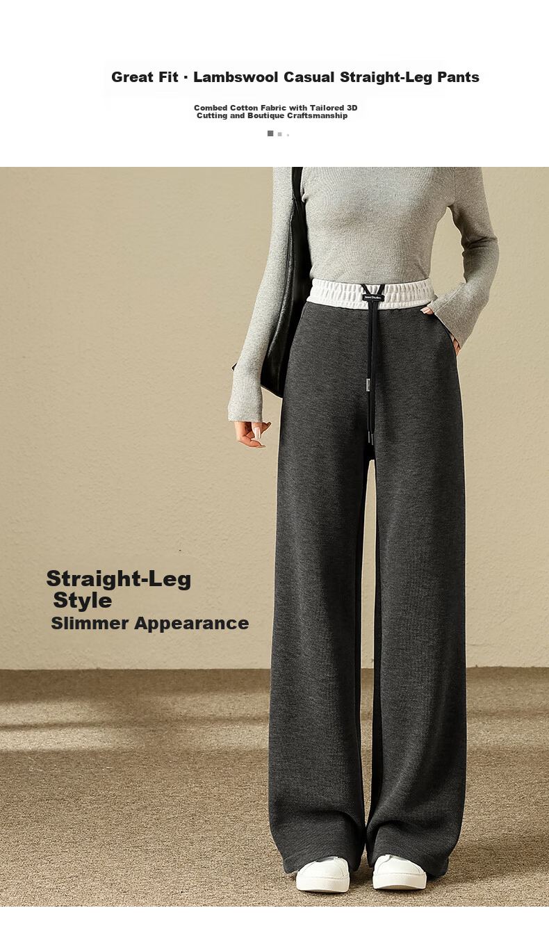 JEANSWEST Women's Casual Color-Block High-Waist Drawstring Slimming Straight-Leg Wide-Leg Pants, Beige, Size L, Autumn/Winter 1