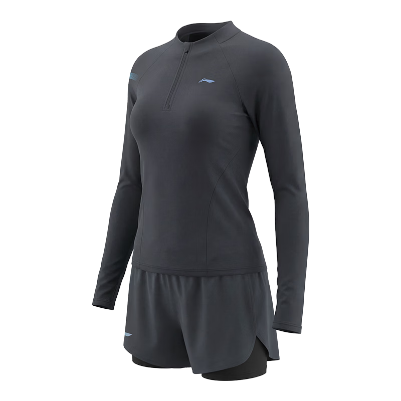LI-NING Women's Premium 2026 New Split Long Sleeve Boxer Two-Piece Swimsuit Set Swimming Gear 1521 Black L