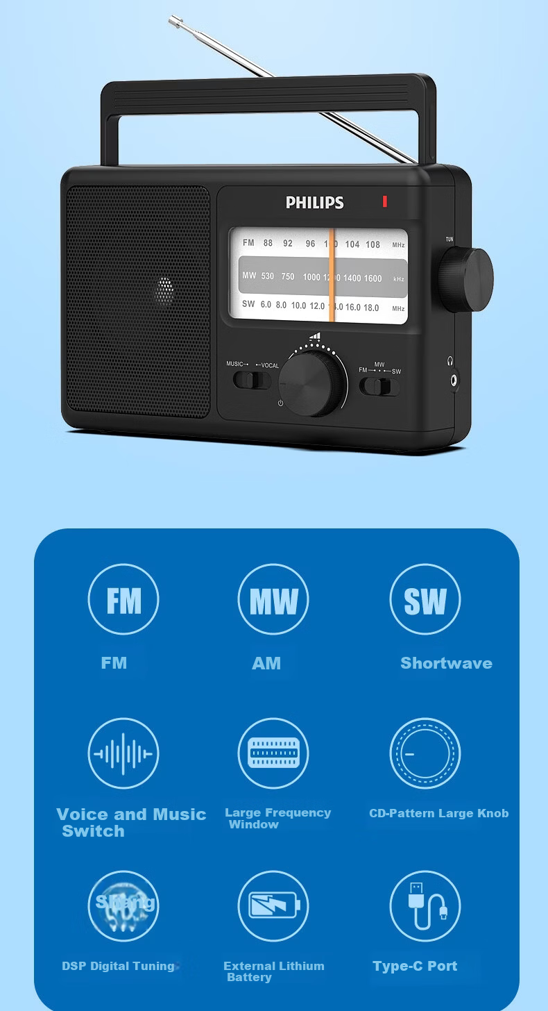 PHILIPS TAR2368S Full Band Radio Pointer Rechargeable Lithium Battery Portable FM Semiconductor Vintage Desktop Broadcast Elderly Portable Speaker 2