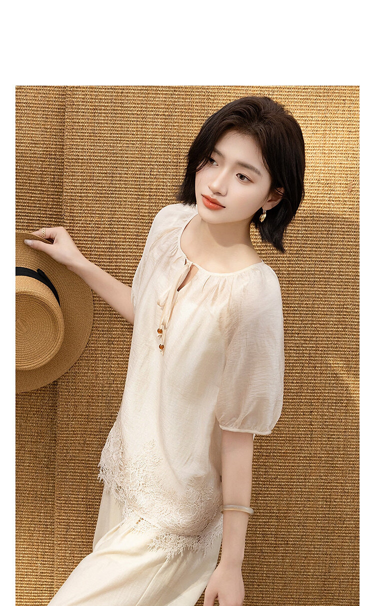 Demana Wrinkled Acetate Summer Elegant Commuter Round Neck Lace Hem Loose Slimming Concealing Shirt for Women Premium Feel 10