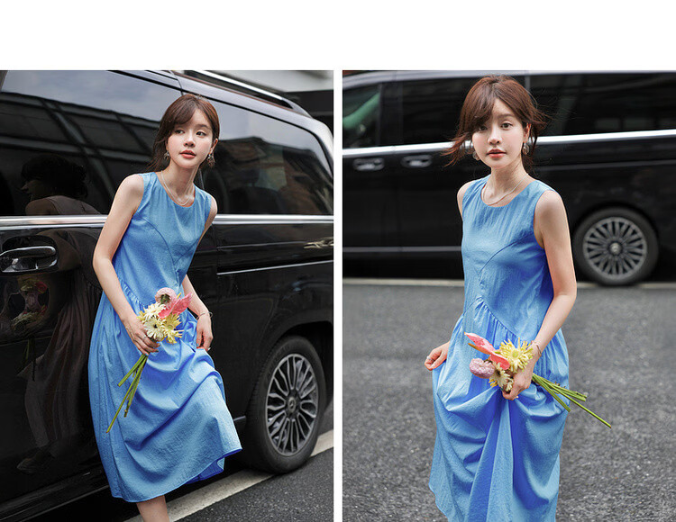 MT Light Oxygen Variations Summer Urban Elegant Round Neck Pleated Splicing Straight Sleeveless Long Dress for Women 16
