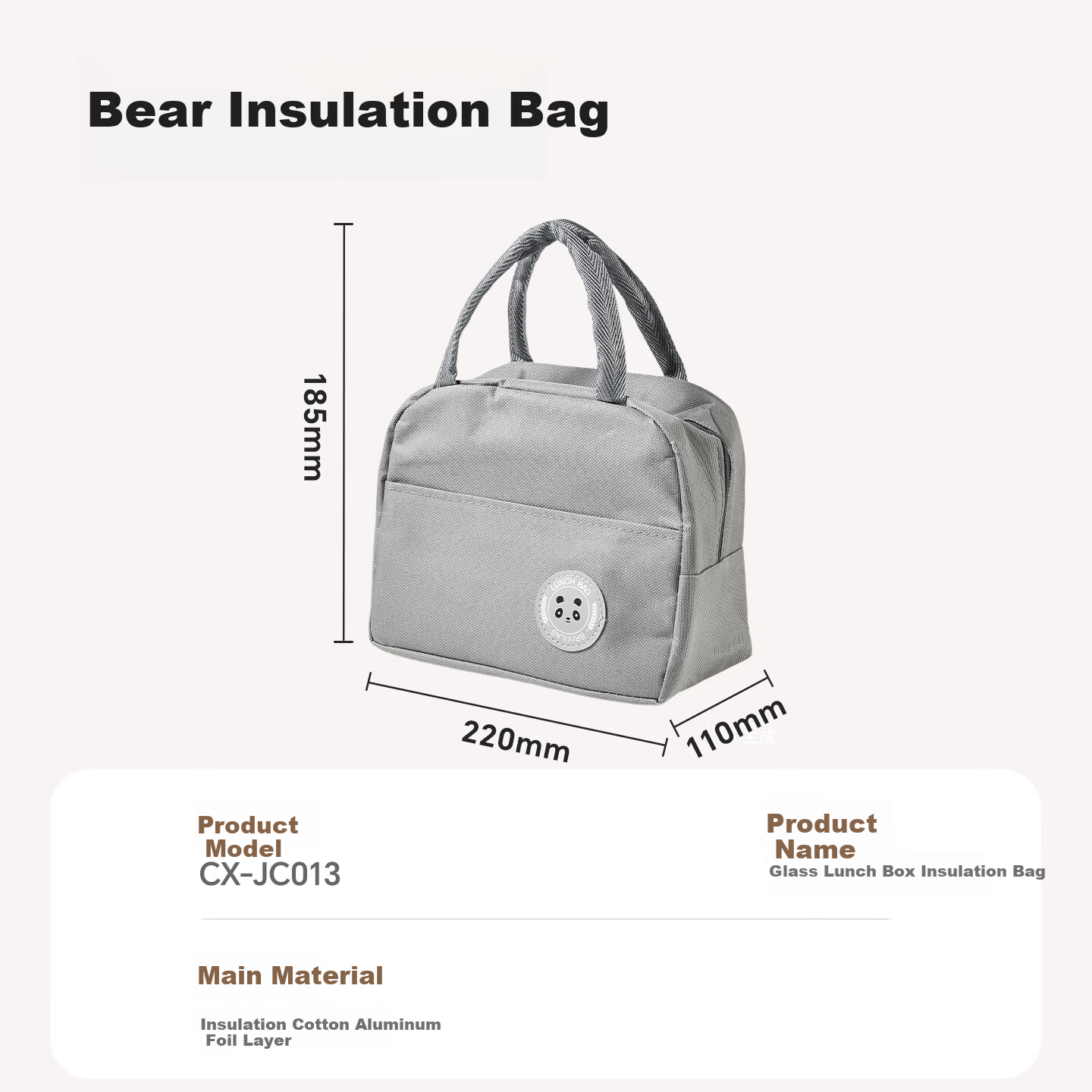Bear Lunch Bag Insulated Double-Layer Oxford Cloth Large Capacity Handbag Gray 1