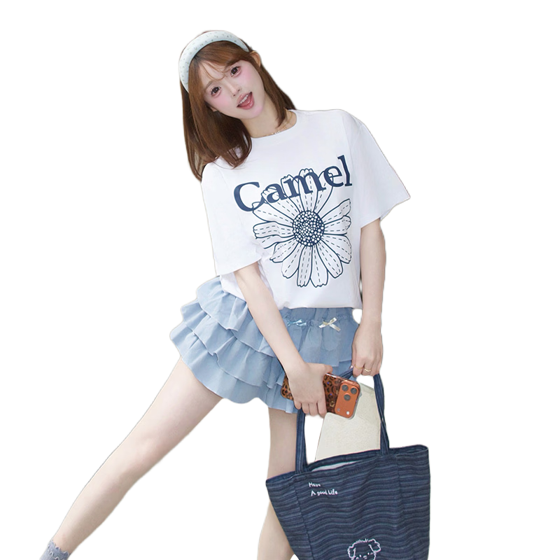 CAMEL Ice Skin T-Shirt Little Daisy Short Sleeve Cotton Loose Casual Top C36BAXLN023C Boundless White M