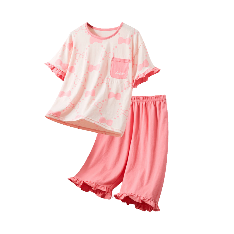DEESHA [7A Antibacterial Cotton] Girls' Spring Summer Short Sleeve and Five-Point Pants Homewear Set Baby Two-Piece Pajamas