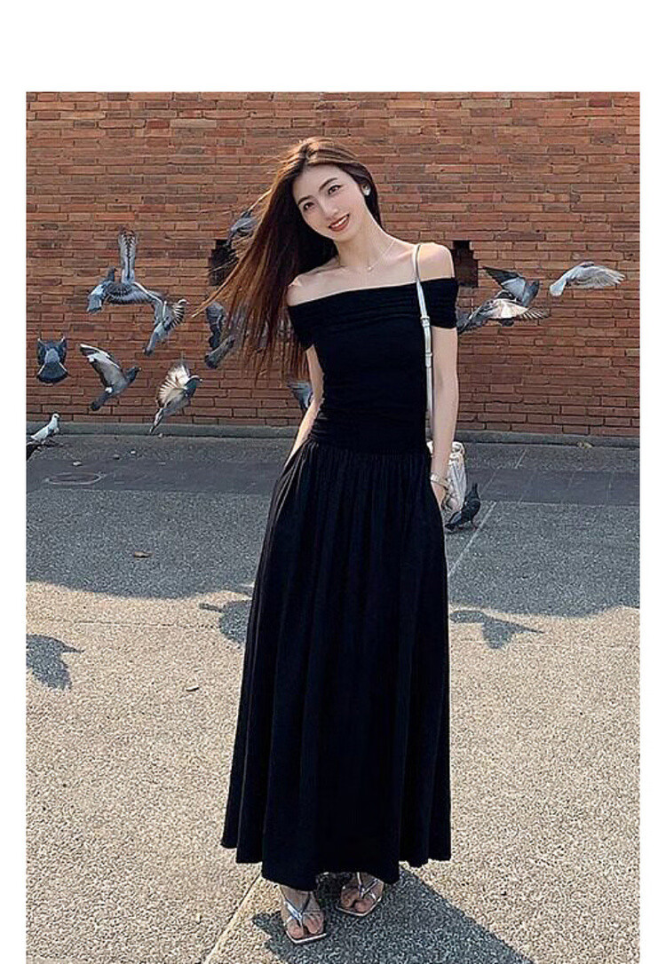 Mt Elegant Declaration Summer French Vintage Off-Shoulder Ruffled Waist-Slimming Dress for Women High-End Feel 3