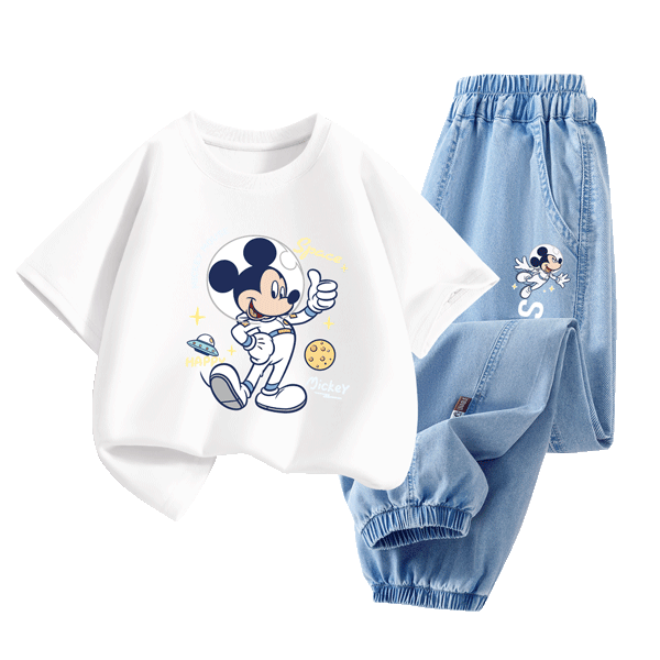Disney Kids Clothing Children's Set Loose Cotton Big Kids Short Sleeve 2026 Summer New Boys Denim T-Shirt Summer Outfit