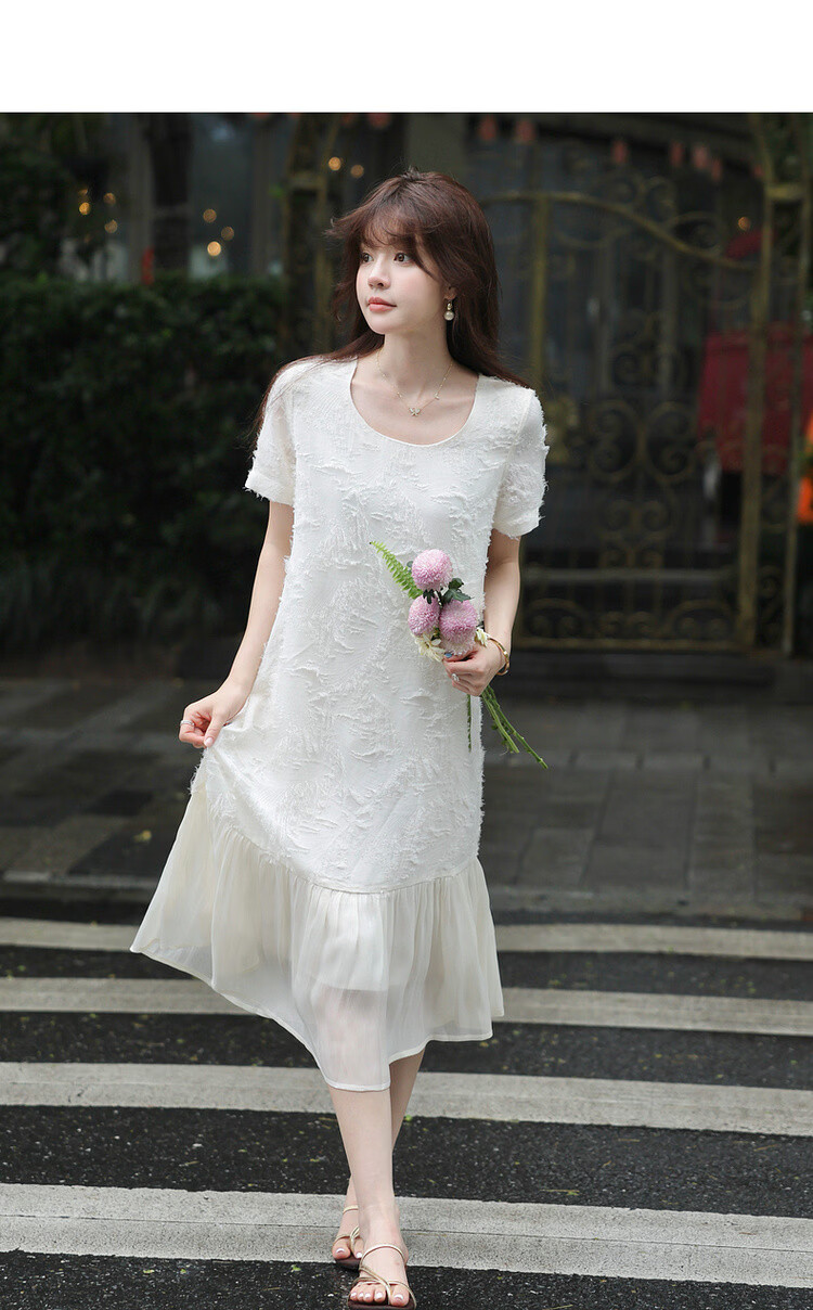 MT French Jacquard Art Summer Elegant U-Neck Patchwork Straight Dress Long Petite Women's Dress 4