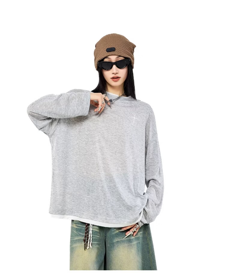 ICH MODE Women's Summer Physical Sun Protection Layered Look Lyocell Cooling Long Sleeve T-Shirt, Casual Top, Off-White, Size M 17