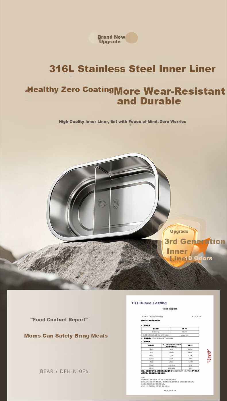 Bear Electric Lunch Box Self-Heating Lunch Box No Water Needed Plug-in Heating 316L Stainless Steel 1L DFH-N10F6 13