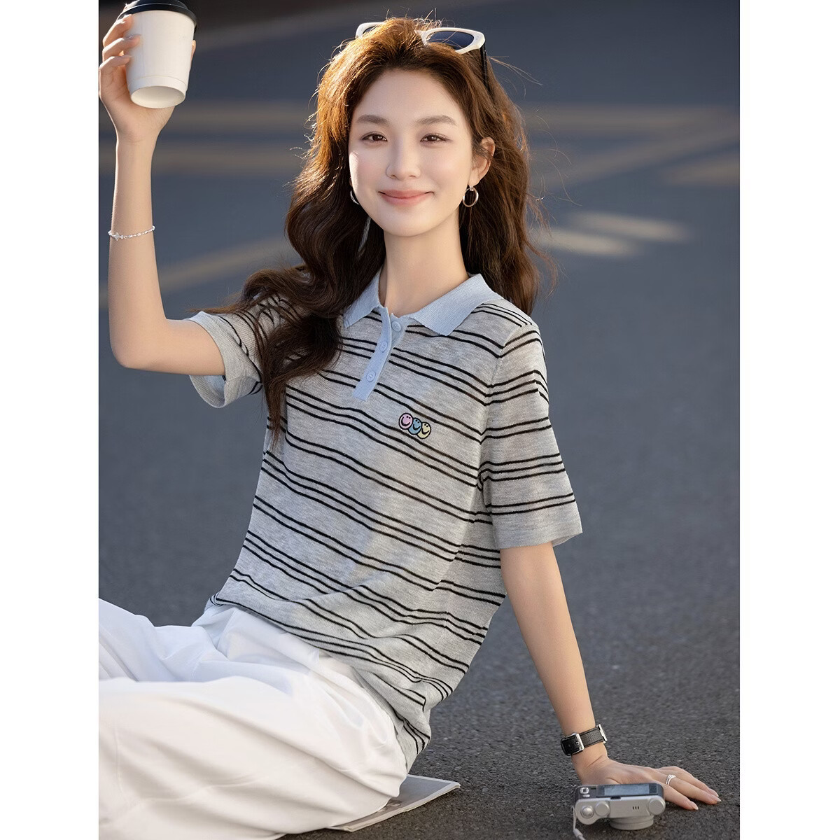 Demana [Smart Academy] Summer Retro Colorblock Polo Collar Striped Embroidered Slimming Concealing Knit Short Sleeve Top for Women Premium