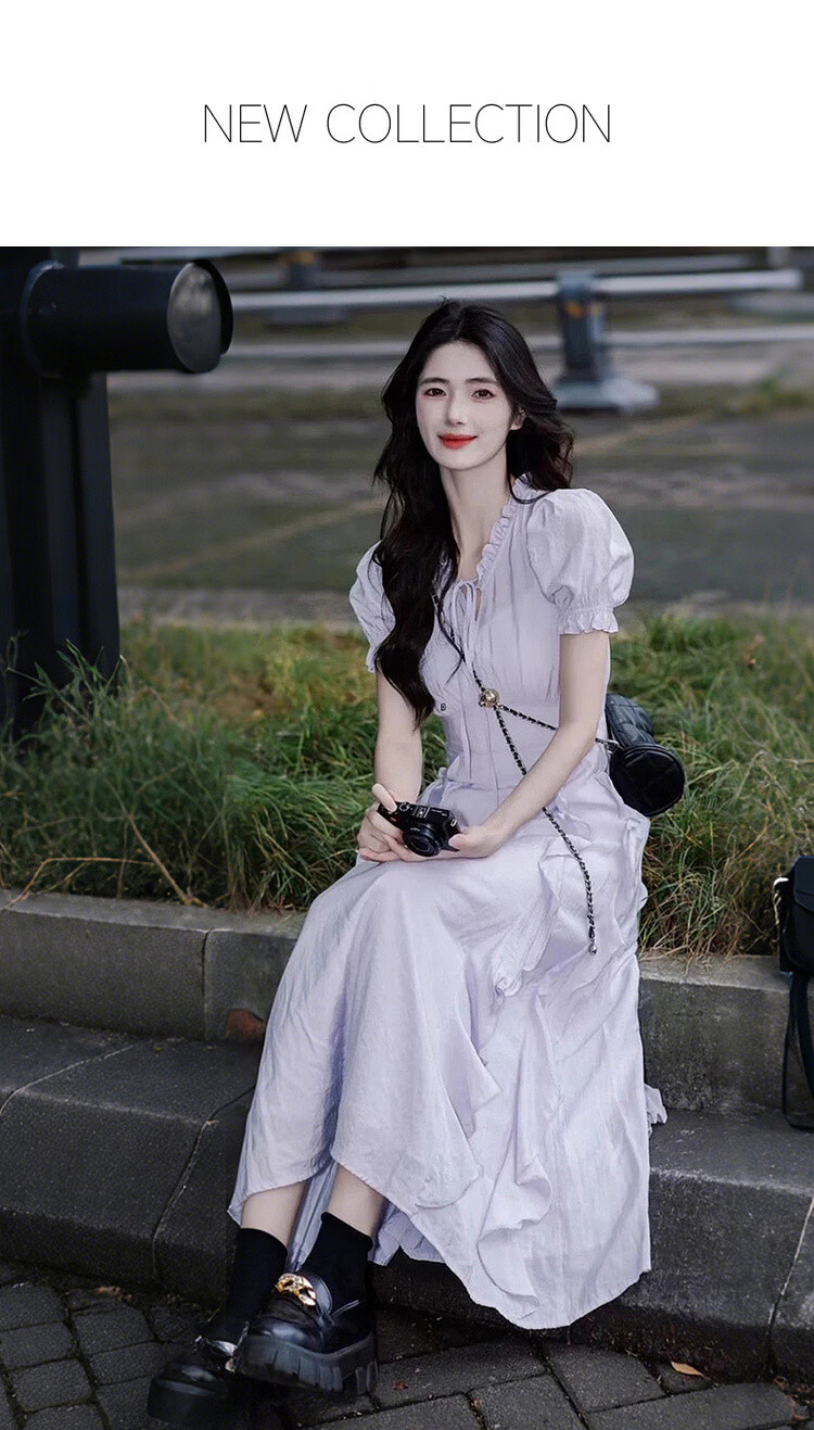 Mt [Early Summer Time] Summer Dopamine Fresh Lace-up V-neck Ruffle Puff Sleeve Waist-cinching Elegant Dress 1