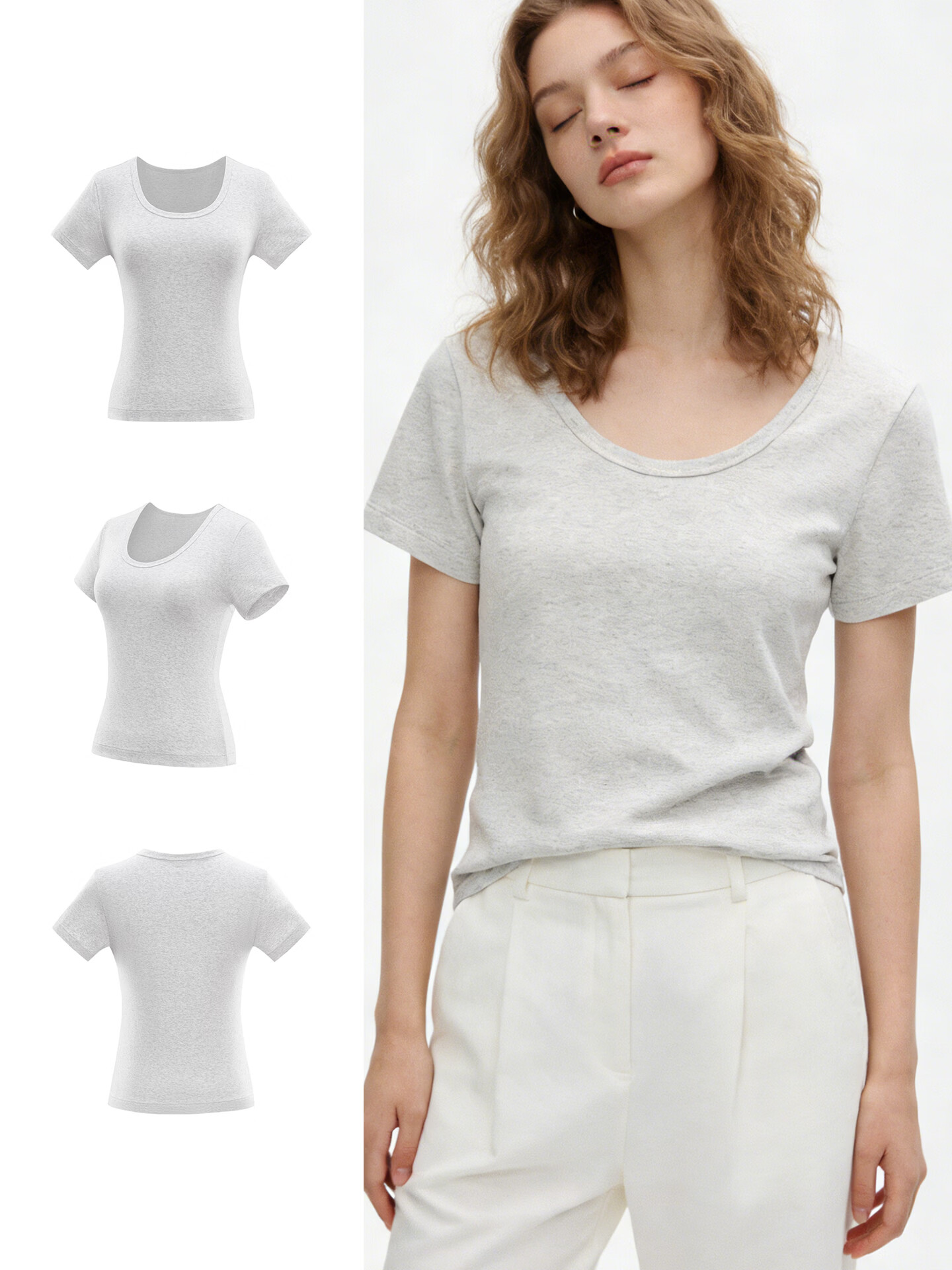 TUCANO Women's Short Sleeve T-Shirt Summer Cotton Solid Color Thin Stretch U-Neck Slim Fit Top Black 2XL 3