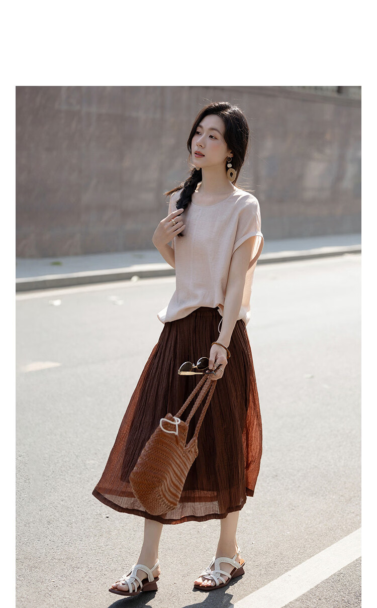 Demana [With Linen] Summer Elegant Drop Shoulder Sleeve Color-Block Stitching Drawstring Hem Loose Slim Shirt for Women High-End Feel 11