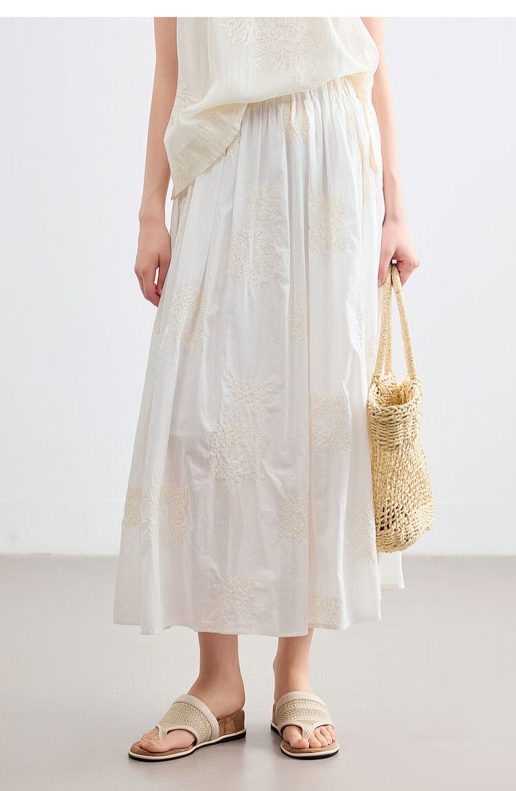 Demana Pure Cotton Poetry Summer Vintage Color-Block Embroidered Elastic Waist Slimming Mid-Length Skirt for Women 14