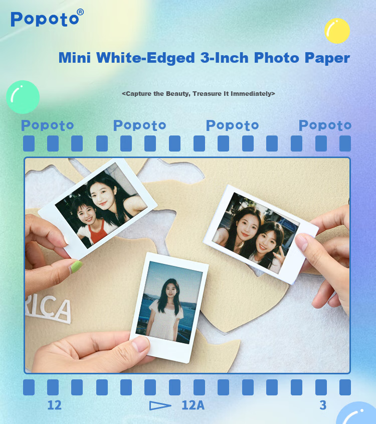 POPOTO Instant Film Set Color Mini Instant Camera Compatible Film (Foil Packaging) 10 White Border Sheets + 1 Transparent Protective Case 1