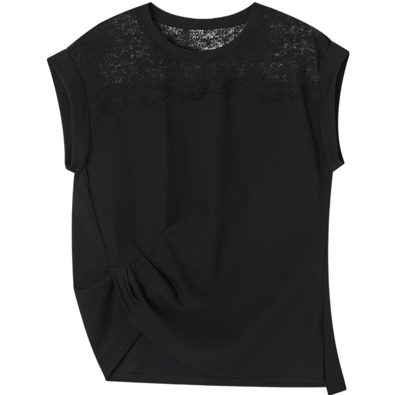 Demana [Cooling Black Technology Sorona] Summer Elegant Lace Splice Crew Neck Pleated Hem Short Sleeve Women's T-Shirt