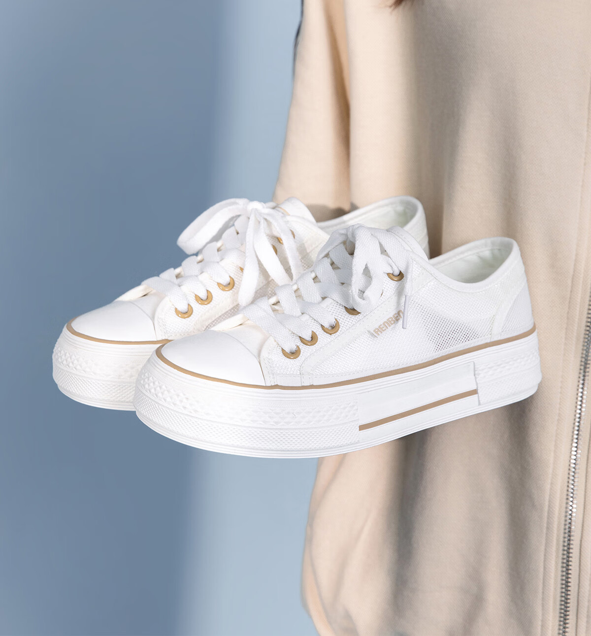 Renben Official Website Women's Casual Beige Mesh Canvas Sneakers Summer New Style Size 38 1