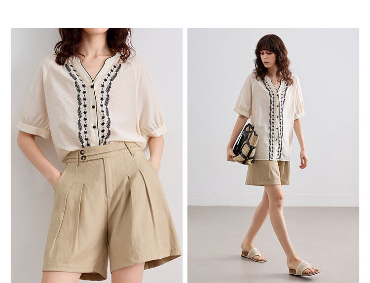 Demana Ethnic Style Color-Block Embroidered Shirt Women Summer New Literary V-Neck Loose Short Sleeve Top 5
