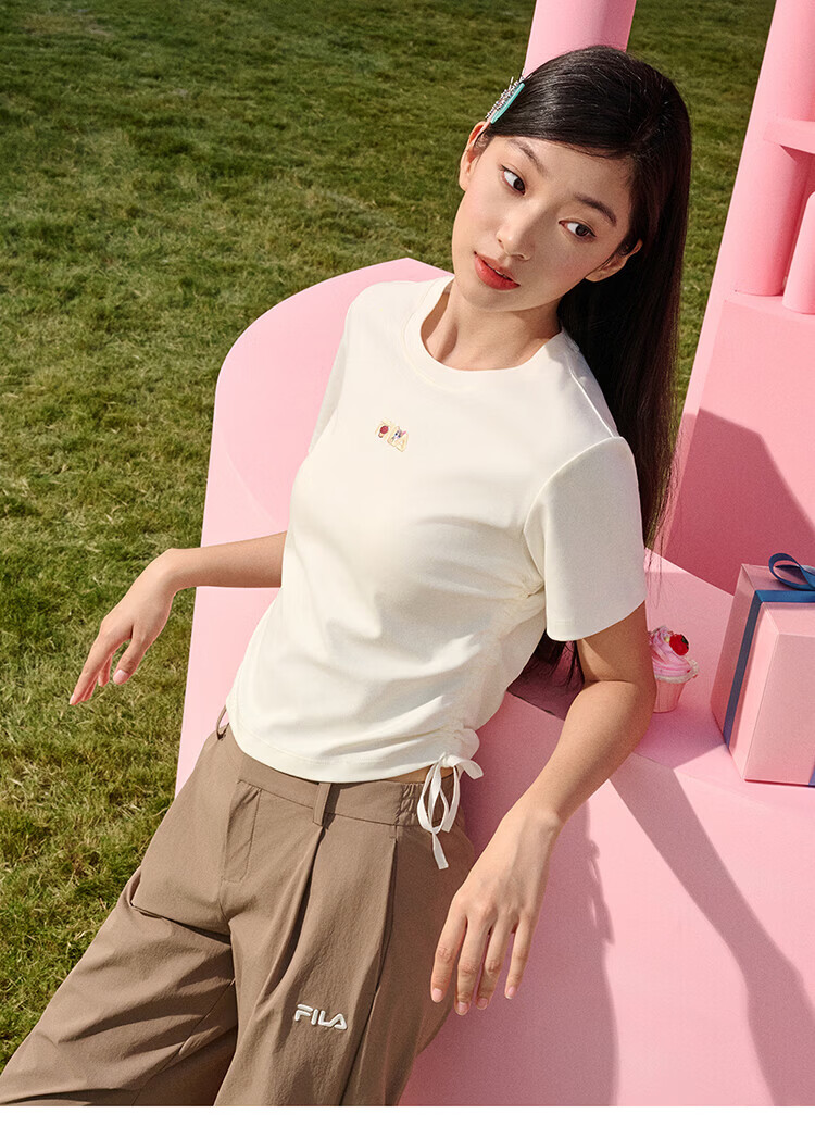 FILA Yang Mi Same Style Knitted Short Sleeve Shirt Women 2026 Summer Side Drawstring Fashion Casual Embroidered Logo Slim T-Shirt 34