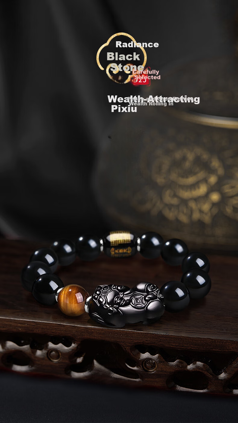 Chow Tai King Fortune Pixiu Black Obsidian Beaded Bracelet Men's Lucky Charm Luxury Wristband Practical Birthday Gift for Boyfriend Husband 1