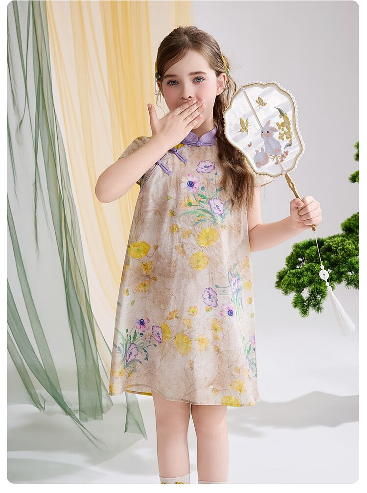 ASK JUNIOR Chinese Style New Mid-Modern Children's Dress 2026 Summer Short Sleeve Qipao Dress for Girls 14