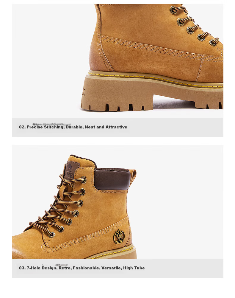 CAMEL [Shanyue] Women's Work Boots Trendy Thick-Soled Martin Boots L25W076018R Earth Yellow (Suede Lining) Size 37 44