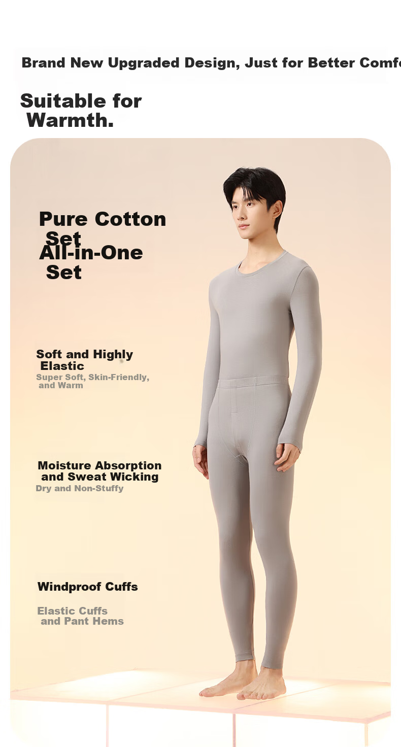MINISO Pure Cotton Men's Thermal Underwear Set Autumn Winter Round Neck Antibacterial Anti-Static Base Layer Pajamas 4
