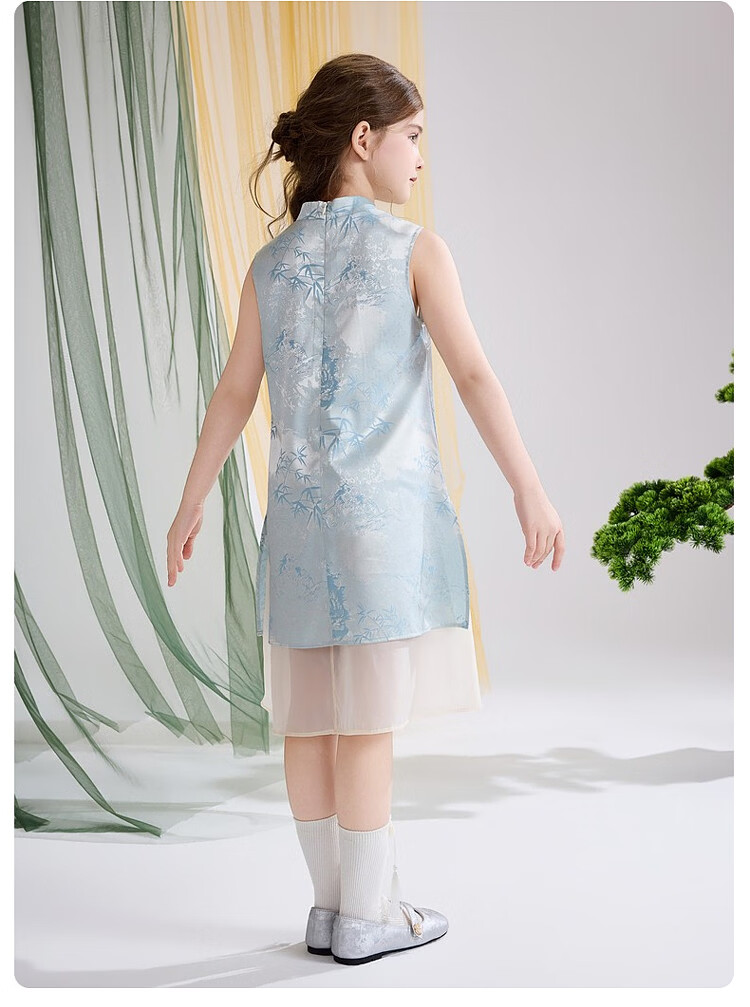 ASK JUNIOR Chinese Style New Mid-Summer Girls' Dress Large Kids Two-Piece Illusion Mesh Dress 15