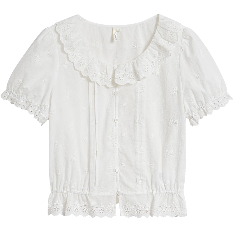 INMAN 100% Xinjiang Cotton French Embroidered Doll Collar Shirt 26 Summer New Women's Puff Sleeve Top Pearl White M