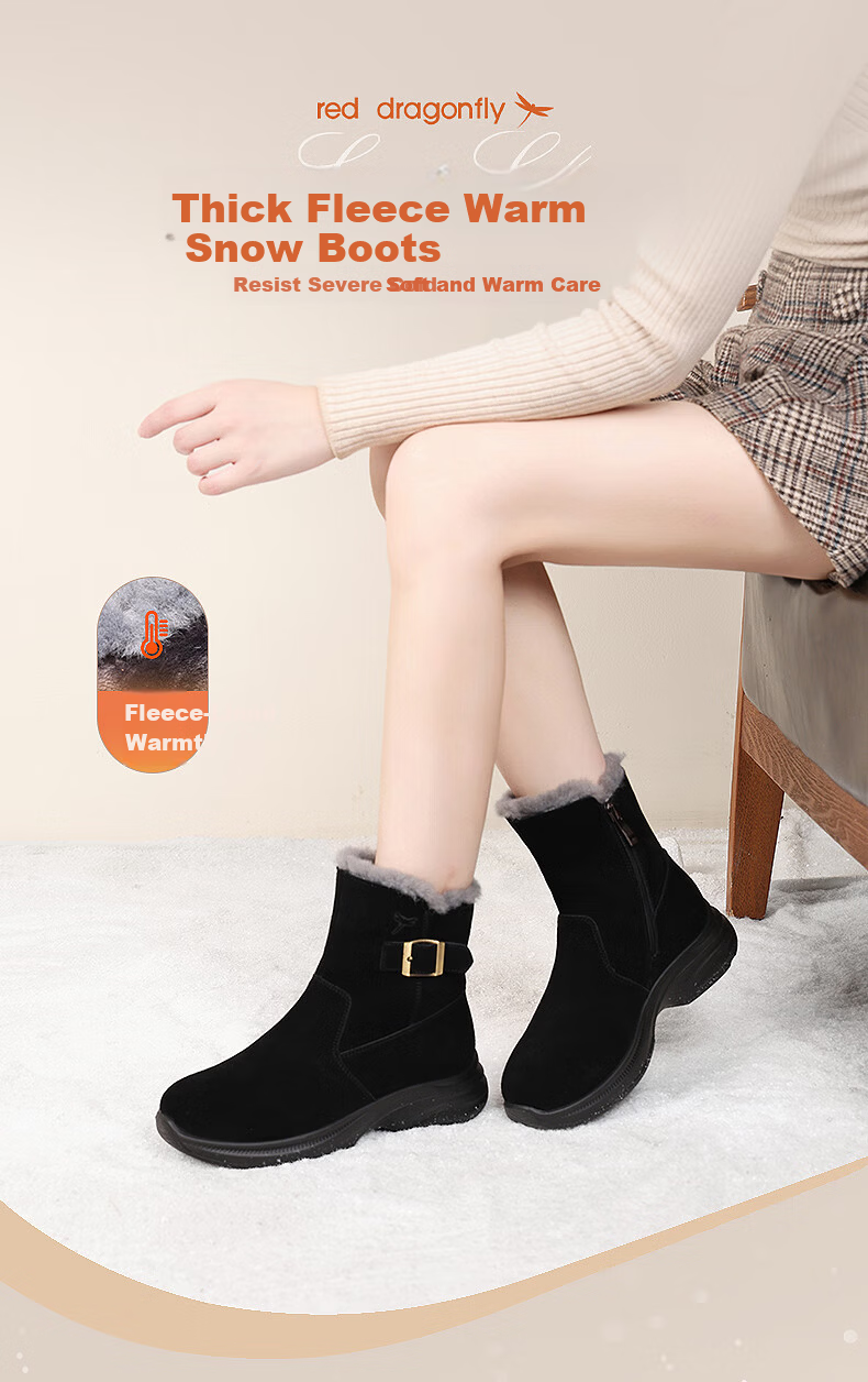 Red Dragonfly Fleece Lined Warm Snow Boots Thickened Classic Northeast Cotton Boots Women's Casual Ankle Boots WTC443801R Black Size 38 1