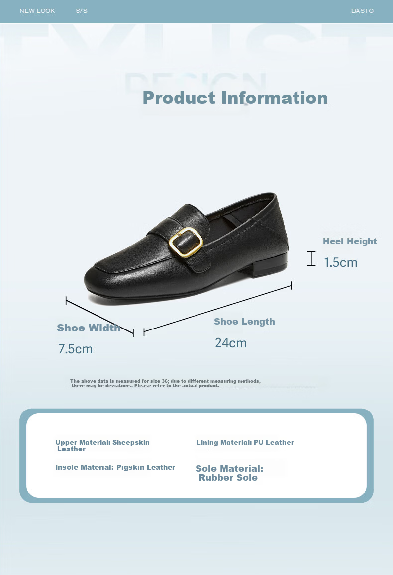 BASTO 26 Spring British Soft Lambskin Loafers Women's Leather Shoes W6303AA6 Black Size 37 5