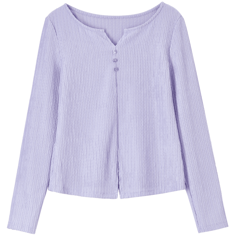 Sentubila Clean Color Long Sleeve T-Shirt 2025 Autumn Vertical Ribbed 3D Texture Small V-Neck Placket Three-Button Stretch Long T-Shirt