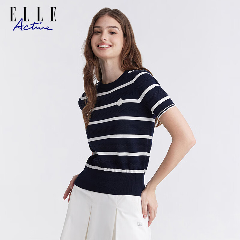 ELLE ACTIVE Colorblock Striped Knit Short Sleeve T-Shirt Women Casual Fashion Comfortable Versatile Crew Neck Top Summer Navy Blue L