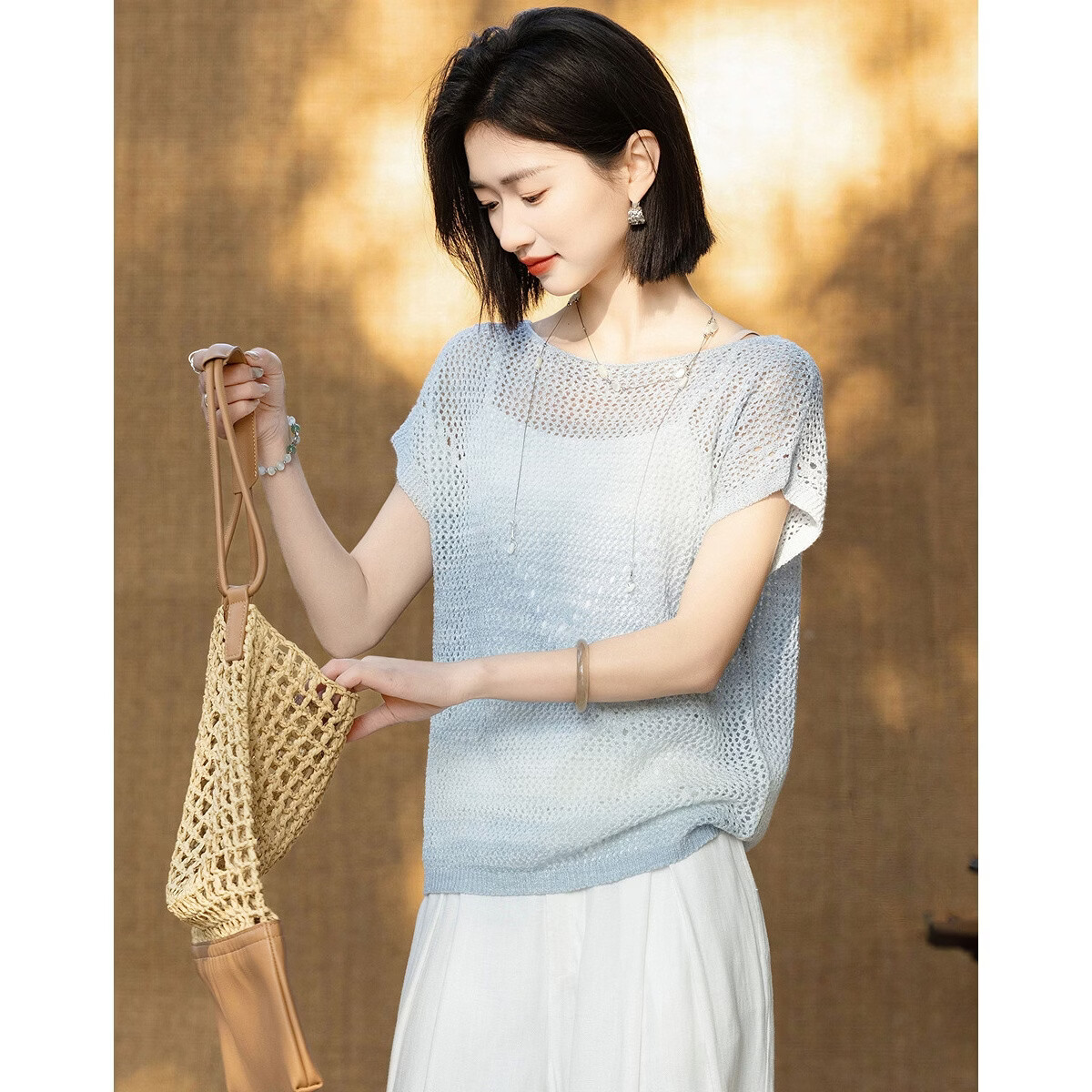 Demana [Galaxy Whisper] Summer Off-Shoulder Raglan Hollow Jacquard Irregular Gradient Slimming Knit Top for Women Premium