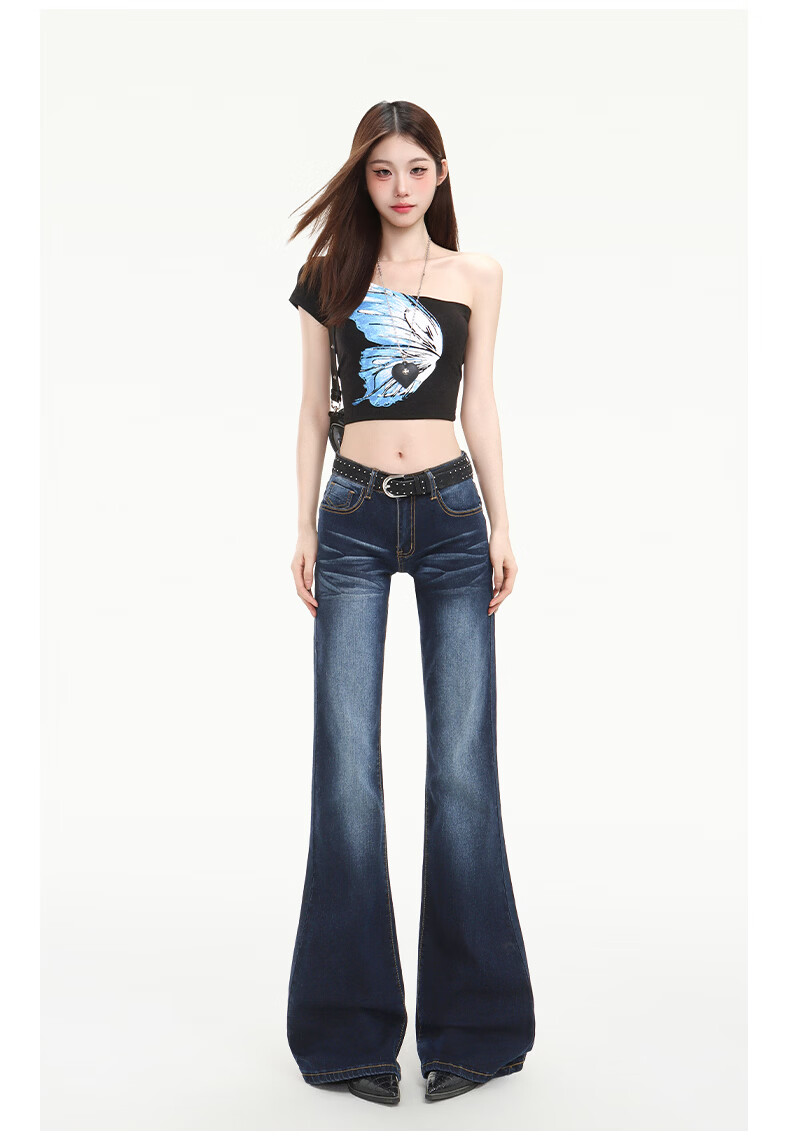 Pierre Cardin Women's Summer Denim Jeans American Style Low Waist Flared Loose Casual Long Pants Dark Blue L 30