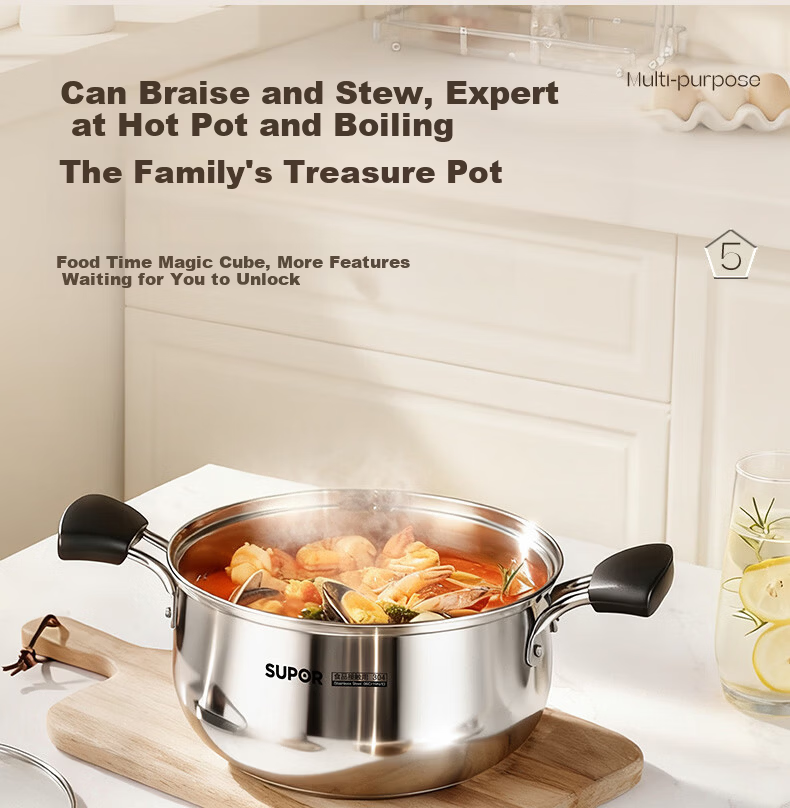 SUPOR Small Red Circle 304 Stainless Steel Soup Pot, Milk Pot, Noodle Cooking Pot, 24cm Noodle Cooking Pot with Reinforced Bottom, Compatible with Induction Cooker ST24H1 10