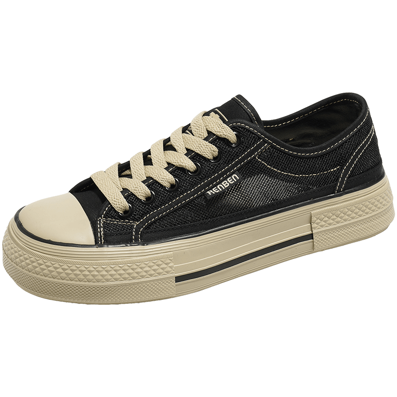 Renben Official Women's Casual White Sneakers Mesh Canvas Shoes Summer New Black Brown 36