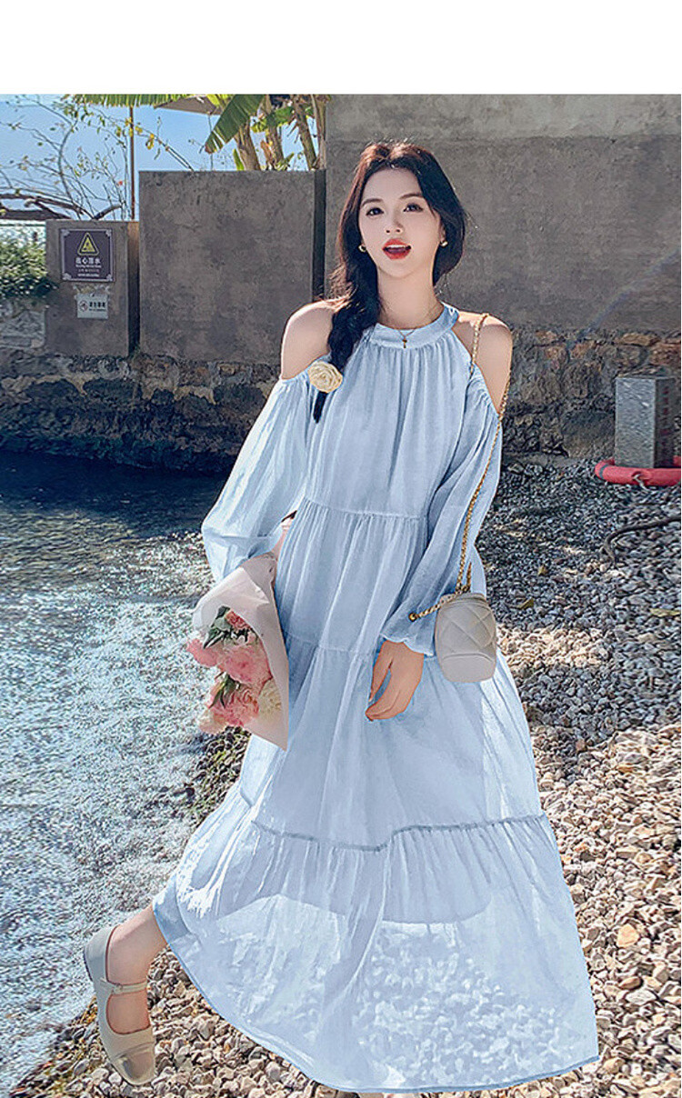 Mt Lightweight Holiday Series Spring Fresh Halter Neck Round Collar Off-Shoulder Lantern Sleeve Chiffon A-Line Women's Dress 5